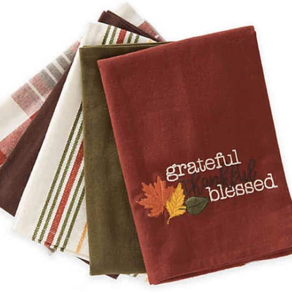 Natco Thanksgiving Towels 5 Pack Kitchen Set, Grateful Thankful Blessed 18 x 28